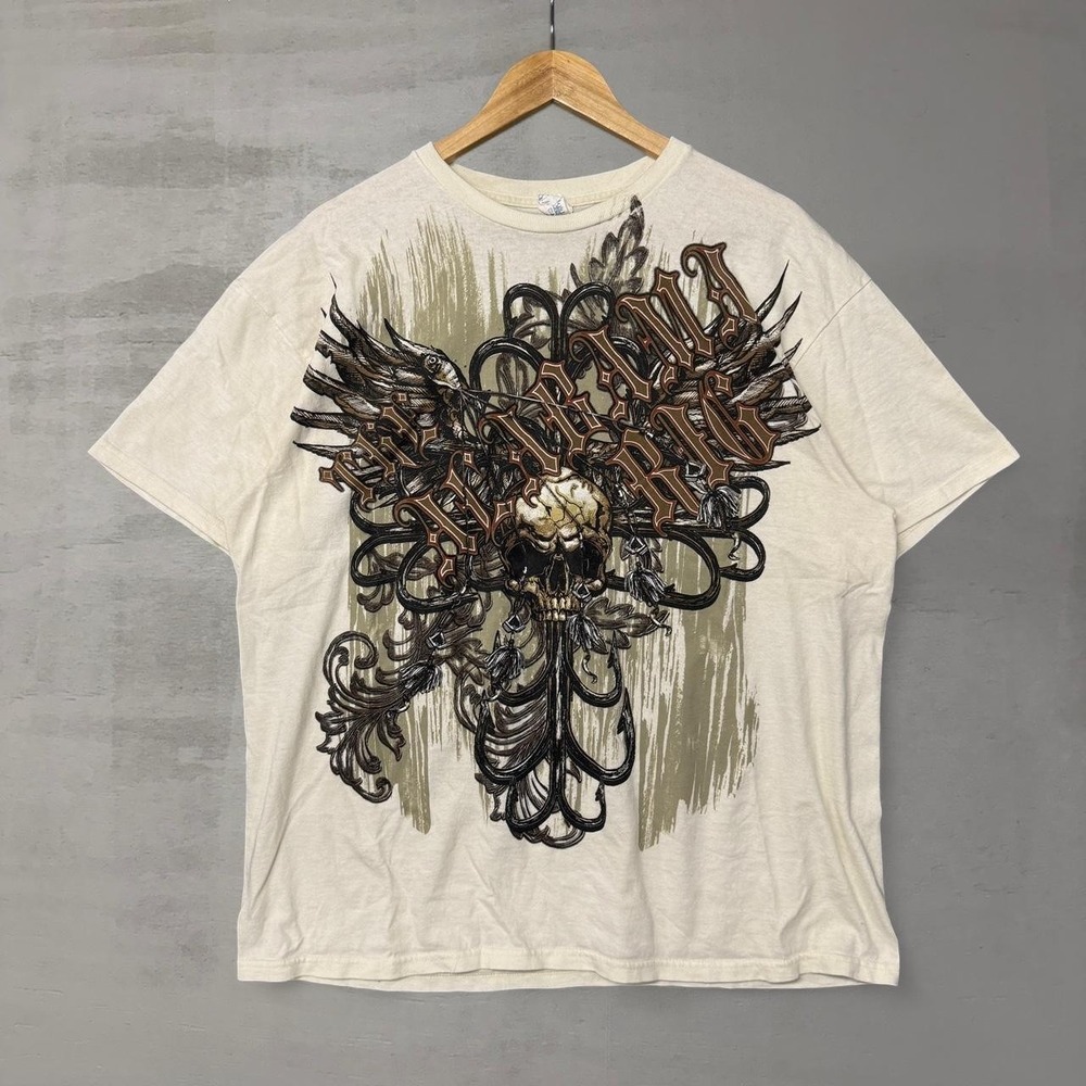 Vintage Affliction Style Y2K Skulls Crosses Crazy White Tee Shirt XL
